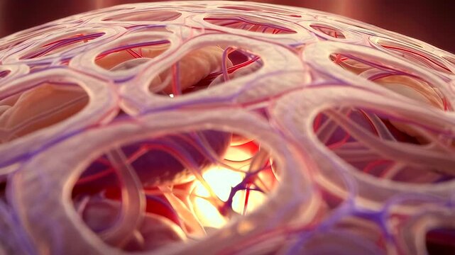 porous tissue mesh with glowing core showing vascular network and warm illumination, closeup of fibrous matrix and microvessels under soft pink light, detailed histologystyle visualization