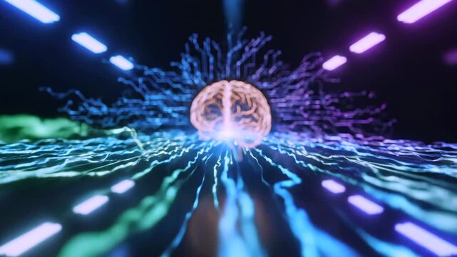 Shining digital cortex featuring circuit routes and rapid data flow, Brilliant digital neural structure with interconnected pathways and continuous information transmission