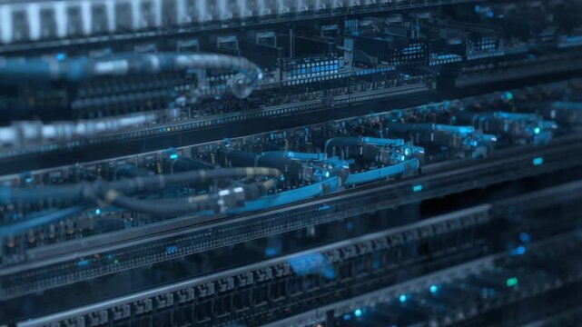 High density server rack with blue network cables, data hardware and cable organization high tech