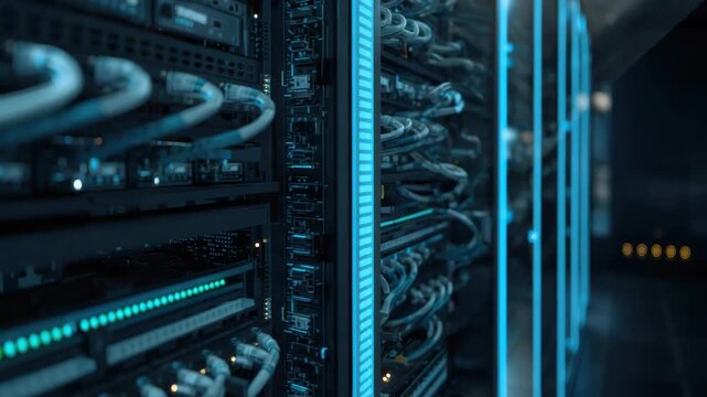 High density server rack with glowing blue network cable fiber and blinking status lights datacenter