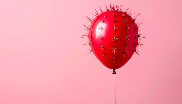 A surreal red balloon covered in sharp spikes, floating against a soft pink background, symbolizing danger or vulnerability in a whimsical yet unsettling way