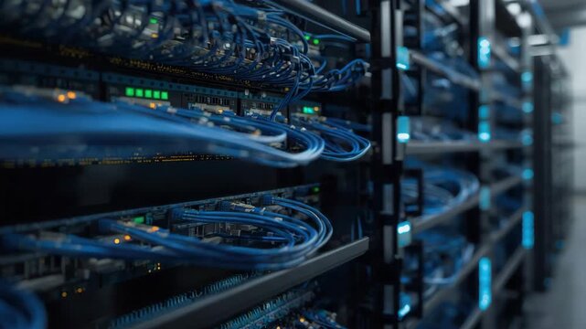 High density server rack with blue ethernet network cables neatly organized in data center racks