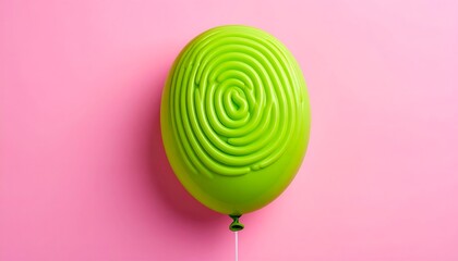 A surreal green balloon with a fingerprint pattern on it floats against a vibrant pink background, symbolizing identity and uniqueness in a whimsical setting
