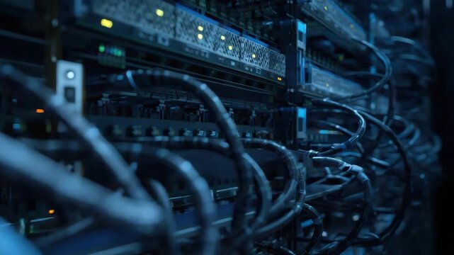 Moody blue data center server rack with bundled ethernet network cables and glowing status lights