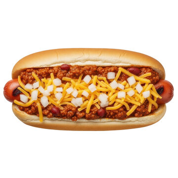 Delicious chili dog with toppings isolated on transparent background