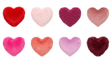 Fototapeta premium Fluffy Heart Shaped Pillow Collection With Velvet And Fur Textures For Valentine Romance And Love Decoration