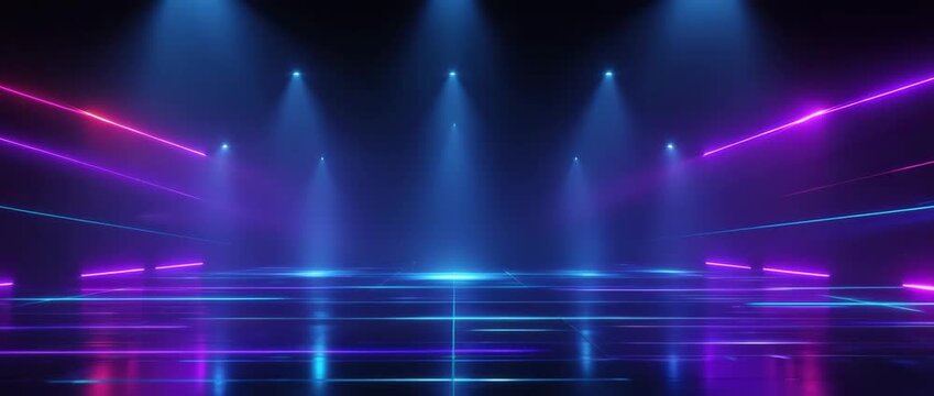 Neon stage with blue light and magenta light spotlight on reflective floor futuristic arena concert dance floor spotlighted electronic music stage