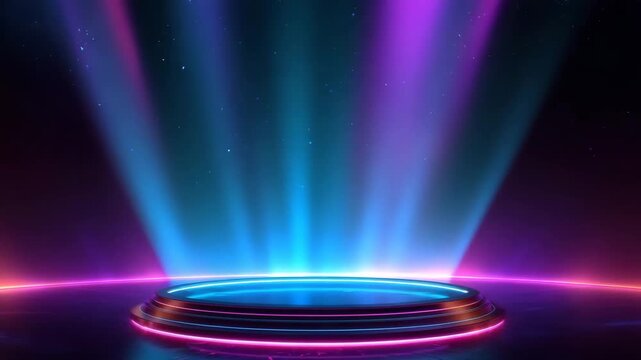 Neon lit circular stage with blue and purple spotlight beams and glowing rim reflective floor, neon stage platform with colorful spotlights shining upward and glowing circular podium, neon stage