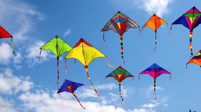 Colorful Kites Flying High in Blue Sky