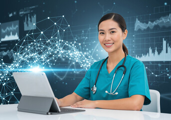 Asian female nurse using a tablet with digital medical data visualization and futuristic interface