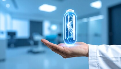 A hand in a lab coat holds a glowing DNA double helix in a futuristic lab