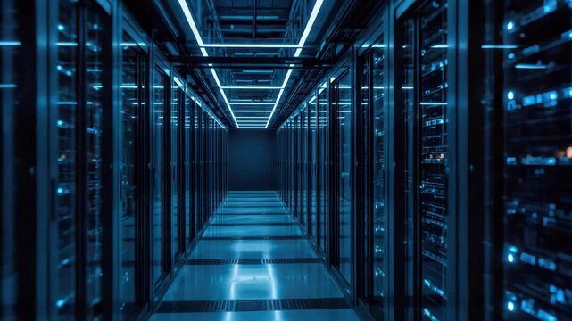 Server corridor data center rack cabinet blue lighting reflective floor futuristic aisle