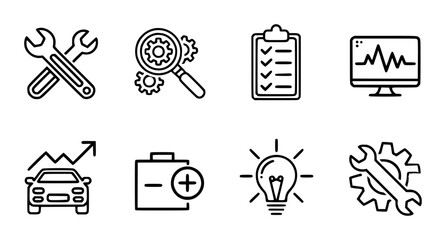 Set of black outline representing tools technology and business concepts wrench gear