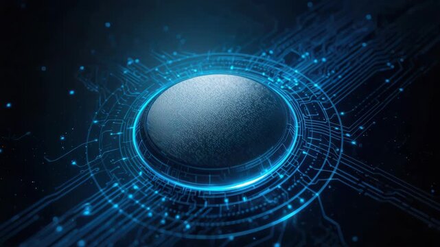 Futuristic metallic button glowing circular microchip interface with blue circuit board glowing
