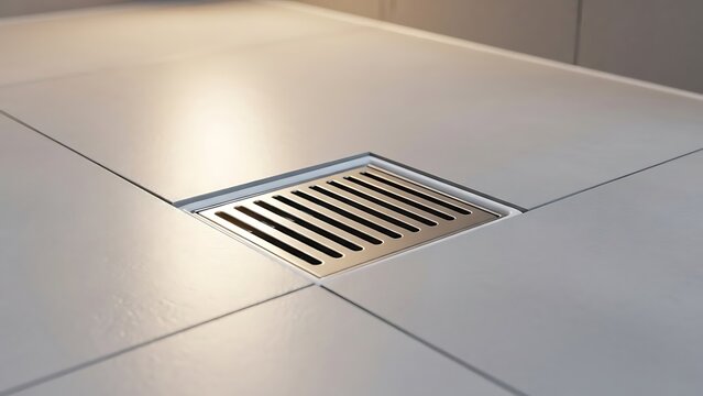 A modern stainless steel linear shower drain is integrated into light gray tiled floor in a bathroom.