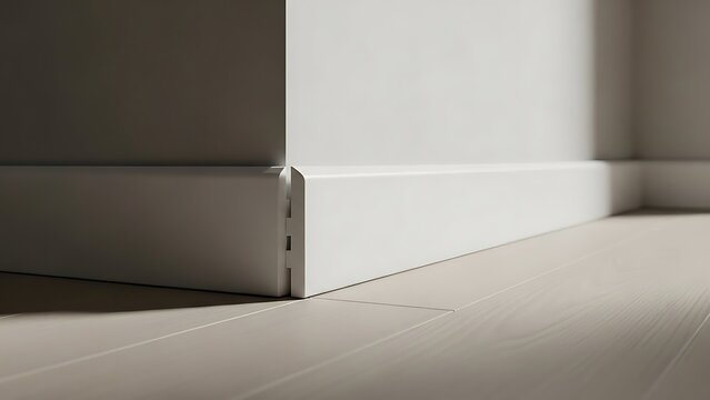 A perfectly installed white baseboard runs along the corner of a room with light wooden flooring.