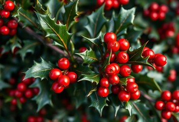 Fototapeta premium Holly sprigs with bright red berries, a classic winter symbol, traditional, winter