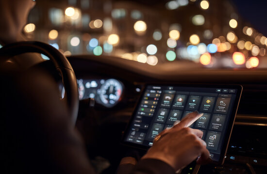 Person driving an electric car at night using a touchscreen dashboard with illuminated icons and controls