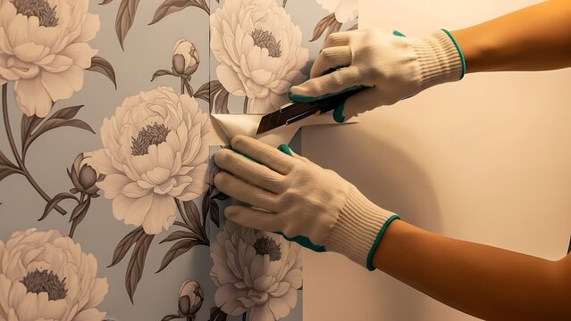 Close-up of hands in work gloves carefully trimming floral wallpaper during home renovation.