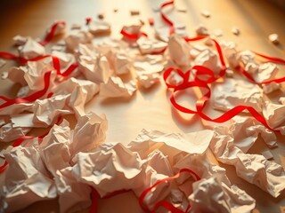 Crumpled paper lies scattered, hint of ribbon, Dutch angle embrace of festive disarray,  disarray,  light