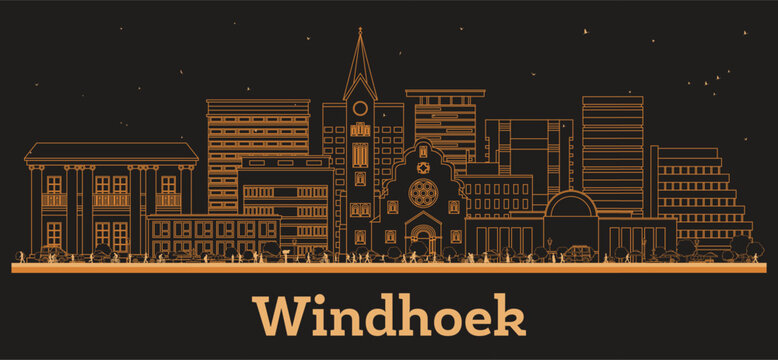 Outline Windhoek Namibia City Skyline with orange Buildings. Illustration. Business Travel and Tourism Concept with Modern Architecture. Windhoek Cityscape with Landmarks.