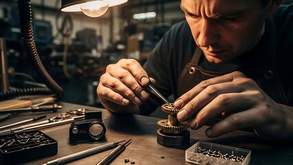 A focused craftsman meticulously assembles intricate gears and components on a workbench in a workshop.