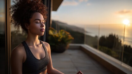 A woman practicing morning yoga on a balcony