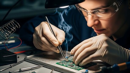 A focused engineer wearing safety glasses meticulously solders electronic components onto a circuit board.