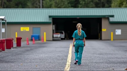 A healthcare worker walking towards a medical facility.