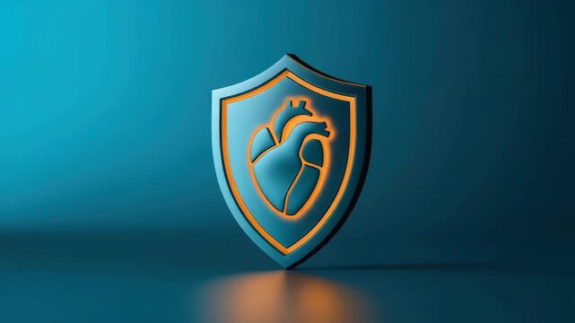 Sleek black shield reflective surface with moody teal lighting and glowing orange heart emblem