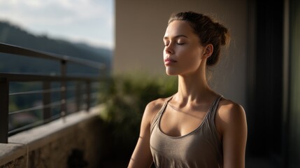 A woman practicing morning yoga on a balcony