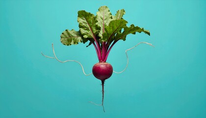 Surreal close-up of a vivid red beetroot with green leaves and slender roots on turquoise backdrop, captured from eye‑level as a product still‑life photo