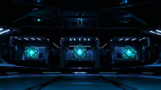 glowing energy core suspended inside secure containment vault curator and engineer study teal crystal artifact, magnetic lattice, reflective floor and ritual lighting in research hangar