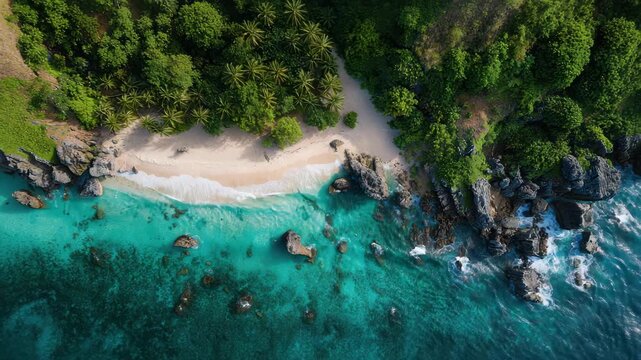 Tropical beach with turquoise water and white sand, palm tree canopy over secluded coastline with rocky shoreline, serene wave patterns and lush vegetation in aerial tropical escape