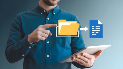 Man interacting with digital file transfer interface on tablet