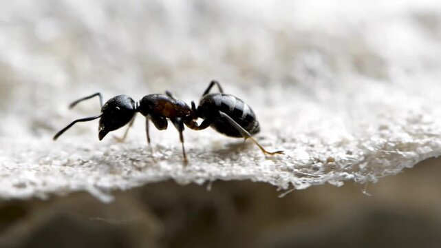 A close-up shows a detailed ant on a textured, light-colored surface.