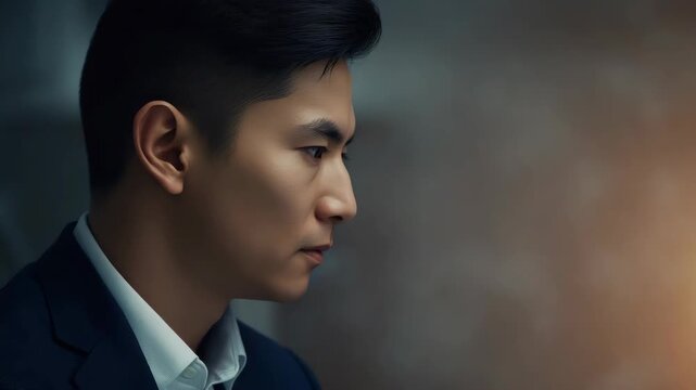 Young asian man suit portrait profile contemplative businessman gazing thoughtfully moody studio