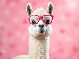 Obraz premium a llama wearing heart shape glasses in a pink valentine's day color background