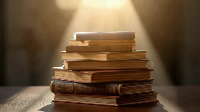 Sunlit vintage book stack on wooden table with warm nostalgic hardcover study scene