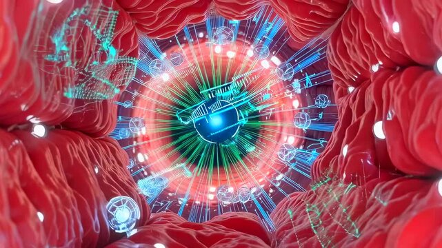 nanorobot center inside red tissue with concentric diagnostic overlays and molecular data, colorful biomedical visualization suggests targeted therapy and precision delivery