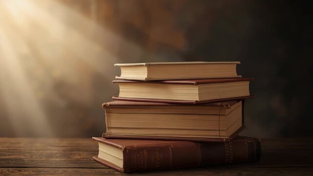Vintage hardcover book stack on wooden table bathed in warm sunlight nostalgic calm mood