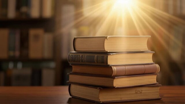 Stack of vintage book stack on wooden table bathed in warm sunlight in cozy library atmosphere