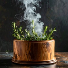 Rosemary sprigs in wooden bowl, steaming against a dark backdrop