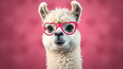 Obraz premium a llama wearing heart shape glasses in a pink valentine's day color background