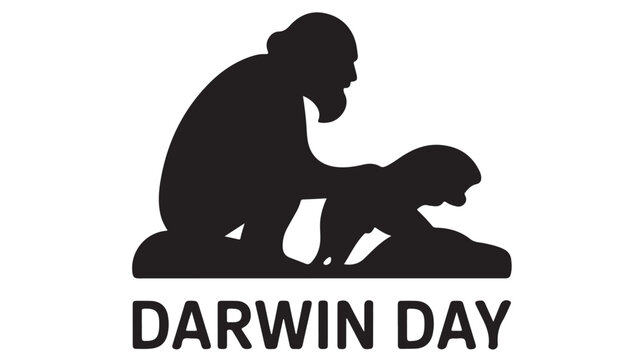 Darwin Day Silhouette Illustration with Ape and Infant in Simple Black Design on White Background for Science Education