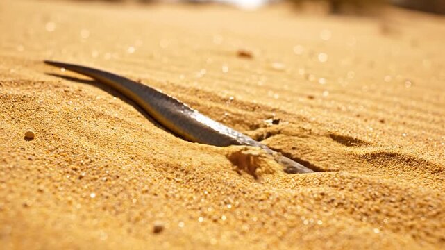 Sandfish Lizard Burrowing in Desert Sand, Reptile Wildlife Behavior.