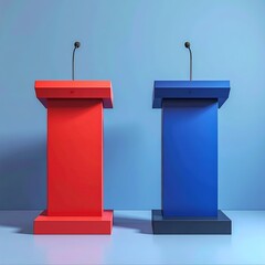 Two podiums, red and blue, with microphones, set against a blue wall