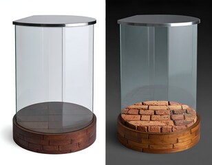 Two display cases, one on white, other on black. Cylindrical, wooden, glass