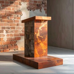 Ornate, stone and wood podium set against a brick wall