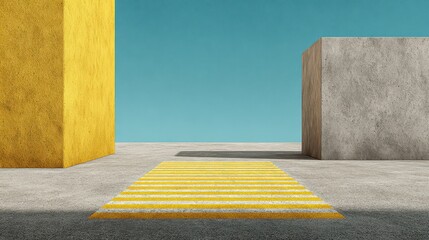 Abstract Composition Featuring Yellow And Gray Textured Cubes On A Gray Ground With A Yellow And White Striped Walkway Against A Light Blue Sky